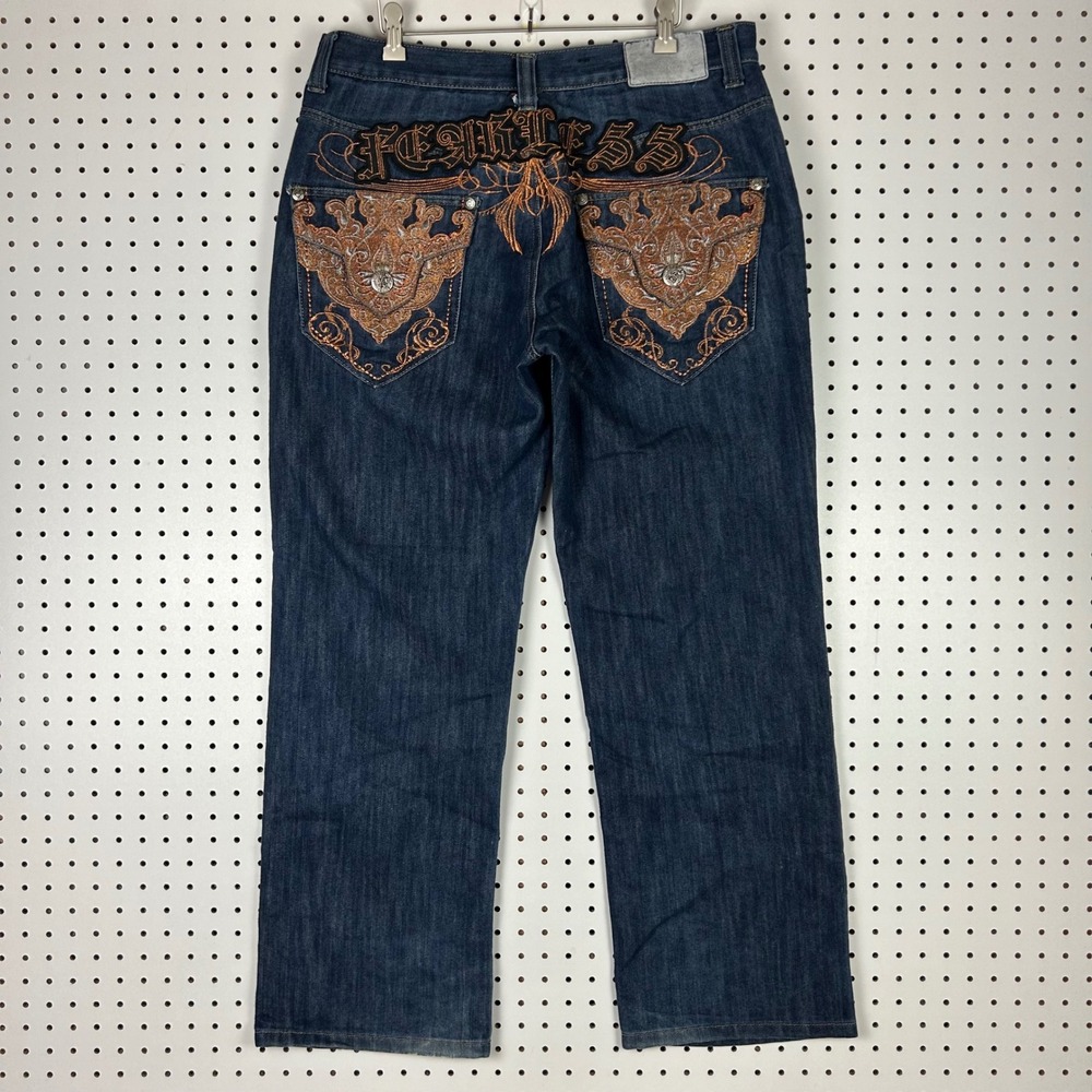 Imperious Delf Trading Embroidered Baggy Jean Blue 36x32 Y2K Streetwear Gold Y2K